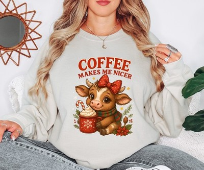 Coffee Makes Me Nicer Cute Cow Damen Sweatshirt Kaffeeliebhaber Damen Pullover
