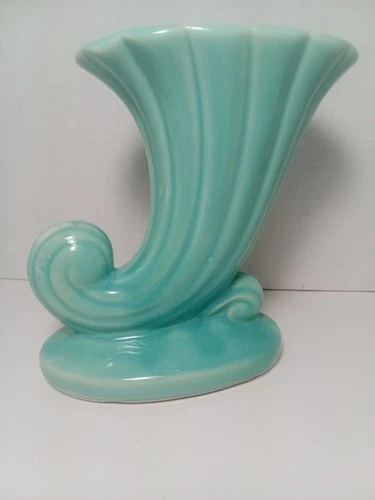 Vintage USA Shawnee Pottery Turquoise Cornucopia Vase