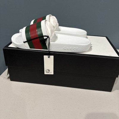 NIB GUCCI Pursuit Stripes White Pool Slides Mens - White Gucci Web