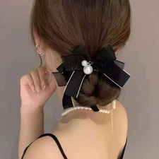Black Pearl Satin Lace Bow Hair Claw Clip for Women Thin Thick Hair Large