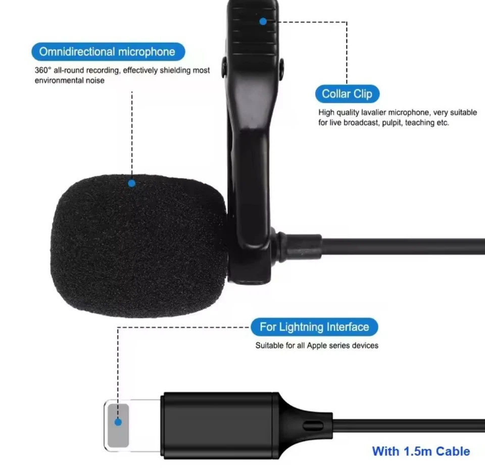 Microfono lavalier jack 3.5mm clip metallo cavo 1.5m per smartphone pc tablet - Immagine 4 di 4