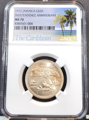 1972 JAMAICA GOLD 20 DOLLARS INDEPENDENCE ANNIVERSARY NGC MS 70