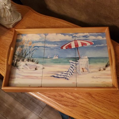 Vintage PAINTED TILE TRAY BEACH BOATS SAND WATER SCENE SIGNED 18''×12''×2''
