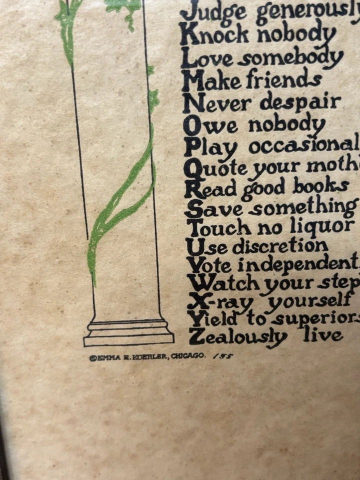 Arte de pared enmarcado vintage con lema del alfabeto de la vida Emma E. Koehler Chicago Foto 3 de 4
