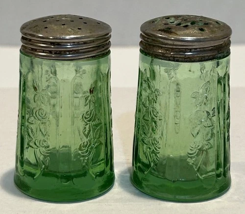 Vtg. Federal Uranium Vaseline Glass Sharon Cabbage Rose Salt/Pepper Shakers exc.