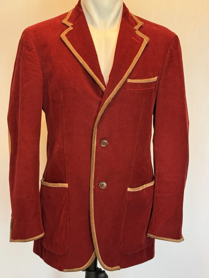 1980s ETRO Milano Burgundy RED Corduroy Mens Suit Jacket Ultra-Suede Piping M - Image 2 of 4