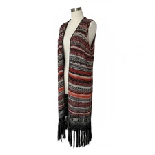 Ethereal Paper Crane Striped Asymmetrical Fringe Hem Cardigan Vest Size M Boho 