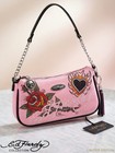 Ed Hardy Baguette Shoulder / Crossbody Bag Pink Denim - Sparkling Rose & Heart