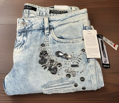 Guess Marilyn 3 Zip Skinny Low Rise Jeans 28W/31L w/Cool Jewel L NWT Glam!
