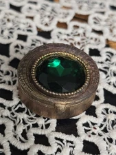 Vintage Trinket Pill Box Round Green Rhinestone Hinged Lid  Metal Art Deco 