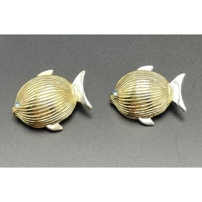 Vintage Two Tone Gold Silver Fish Scatter Pins Pair Blue Jewel Eye Signed AAI