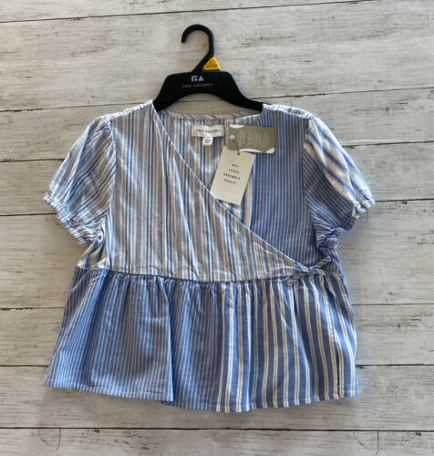 Free Assembly Girls Puff Sleeve Wrap Top Shirt Blue Stripe Size Large (10-12)