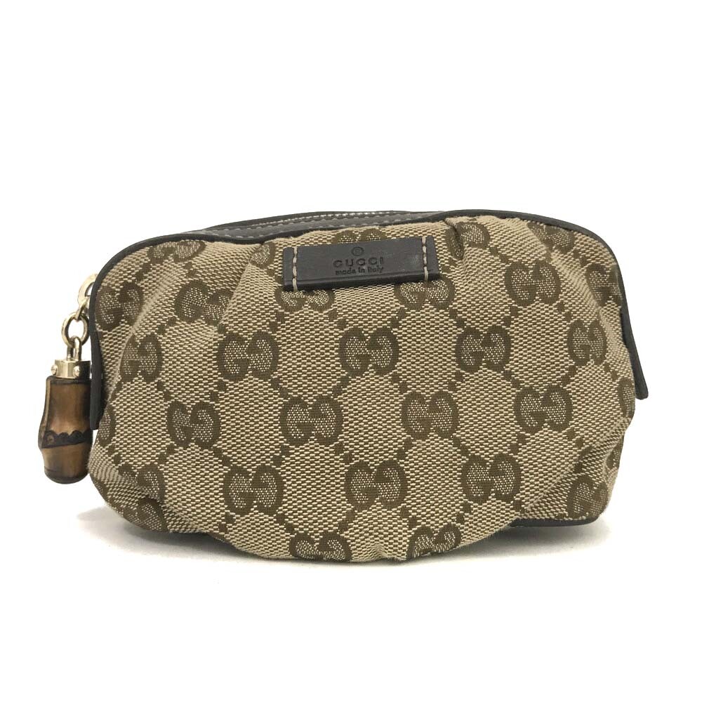GUCCI Bamboo GG Logo Canvas Cosmetic Pouch Bag Beige/2BA0638