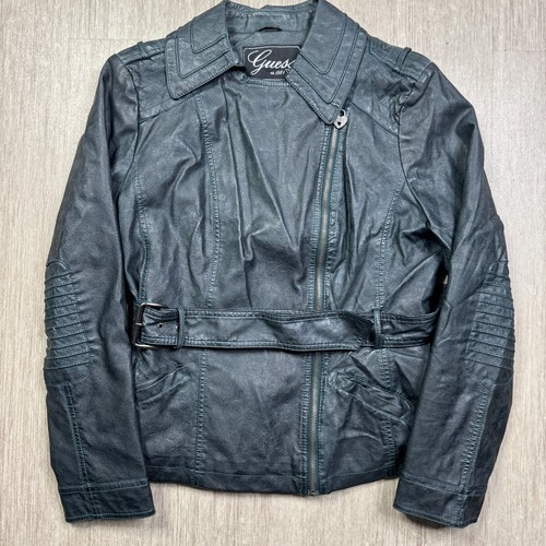 Guess Green Faux Leather Moto Jacket Women’s Belted Asymmetrical Zip XL HOT - Picture 3 of 11