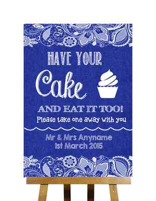 Marineblau Sackleinen Spitze Effekt Kuchen Cupcake Süßigkeiten Buffet personalisiert Hochzeit Schild