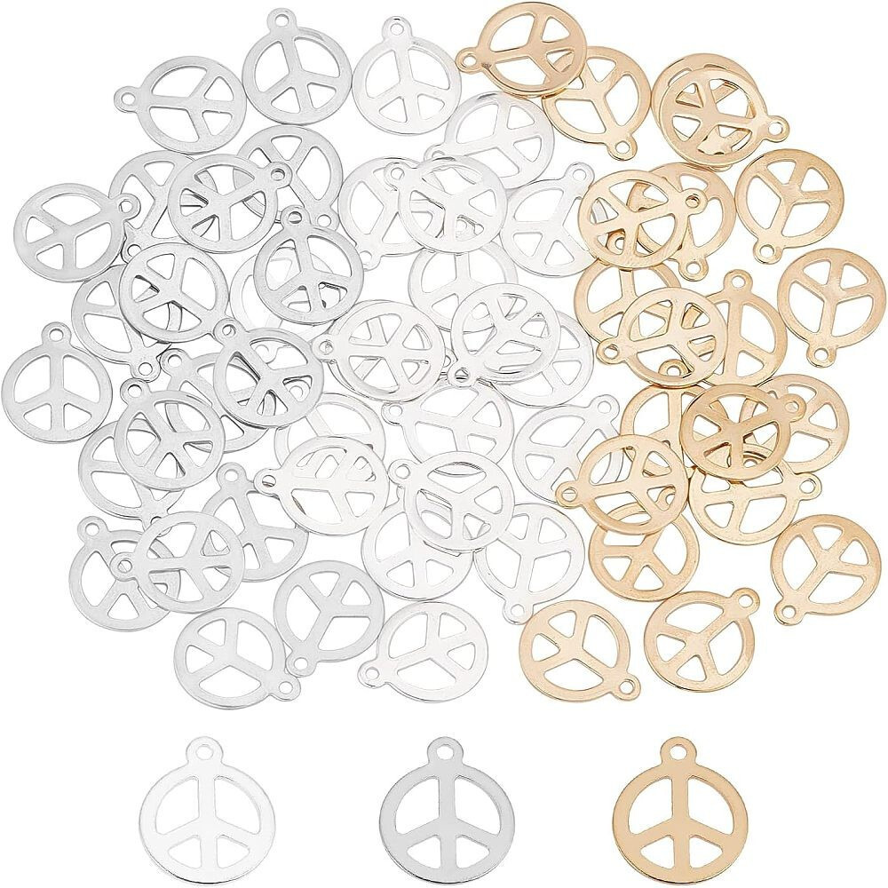 1box 60pcs 3 colors Peace Sign Pendants Stainless Steel Charms Mixed color