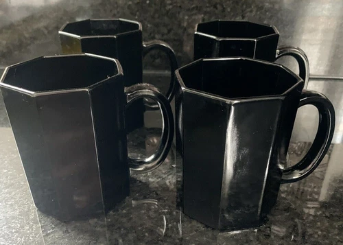  Arcoroc China Octime-Black Glass Octagon Mugs Cups France Set of 4 VTG