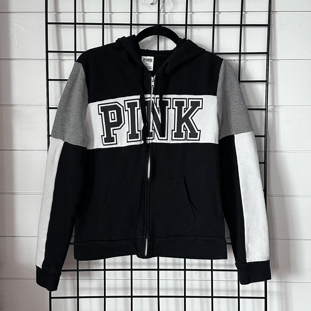 victoria-secret-vs perfect zip gray block logo hoodie