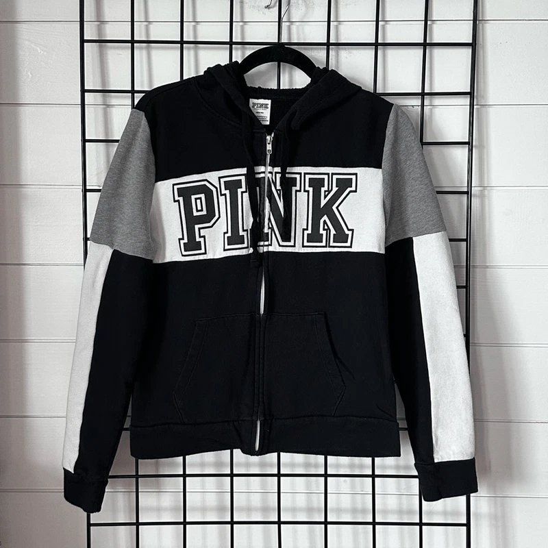 victoria-secret-vs perfect zip gray block logo hoodie