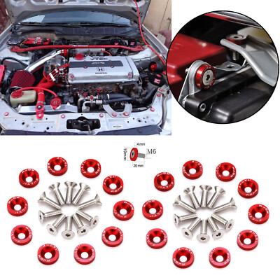 #ad 20pcs Red Jdm Billet Aluminum Fender Bumper Washer Bolt Engine Bay Dress Up Kit $13.98