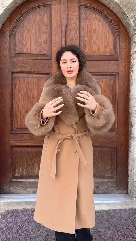 Women's Camel Cashmere Coat with Fox Fur Collar and Cuffs - Luxury