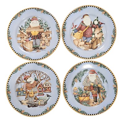Sakura 1998 Debbie Mumm Woodland Santa Set Of 4 Salad Plates Acorns Pinecones 8''