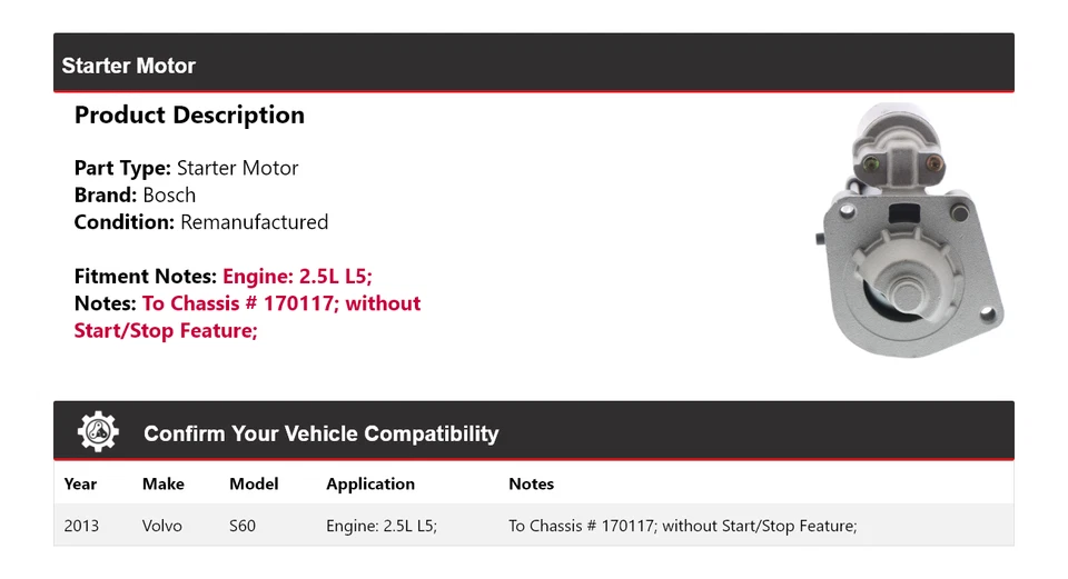 Arranque Bosch para Volvo S60 2013 2,5 L L5 (remanufacturado) Foto 2 de 4