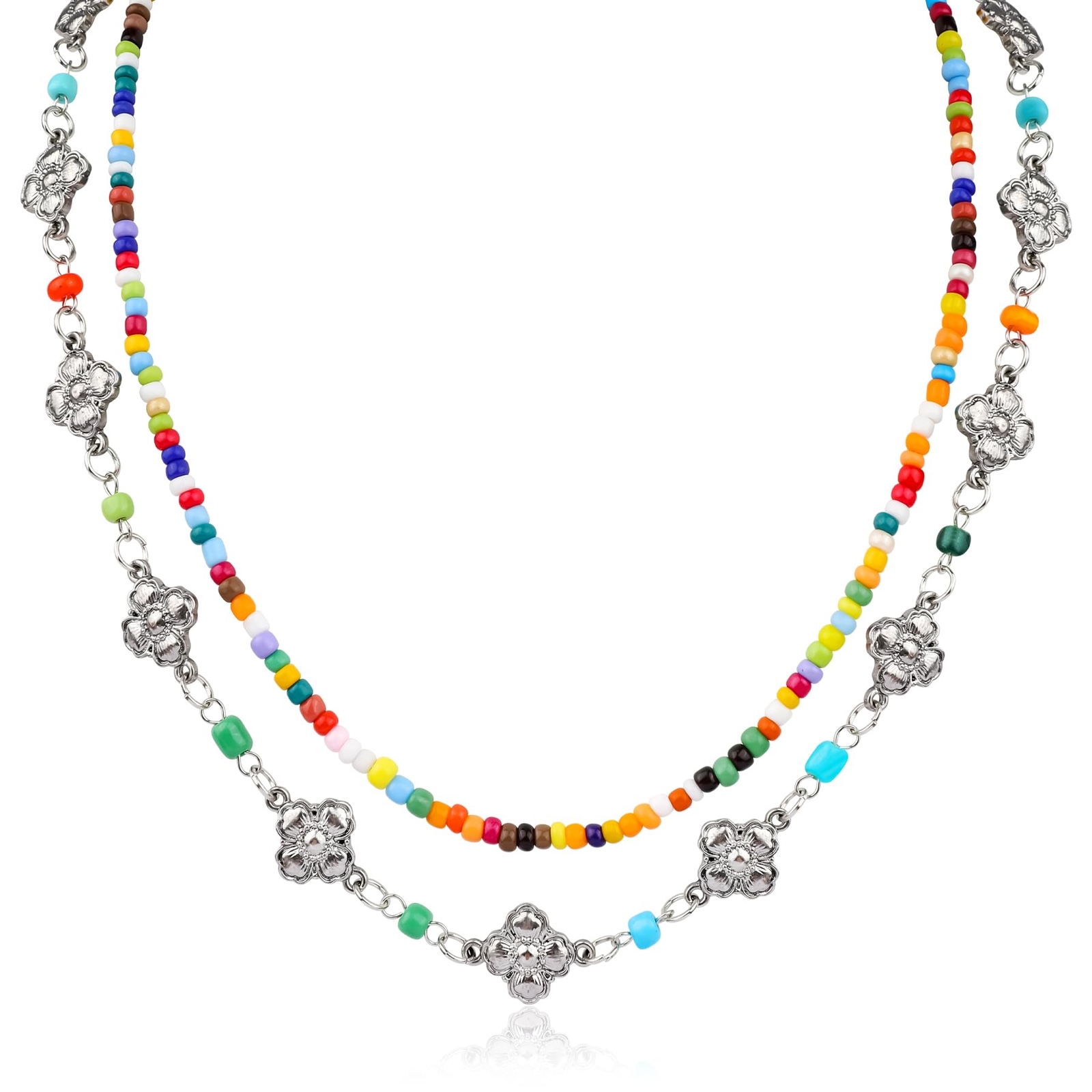 Y2k Flower Layered Choker Necklace for Women, Y2k Colorful Beaded Floral Chok...