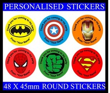 Personalised Superhero Birthday Stickers 45mm Party Thank You Sweet Cone Bags