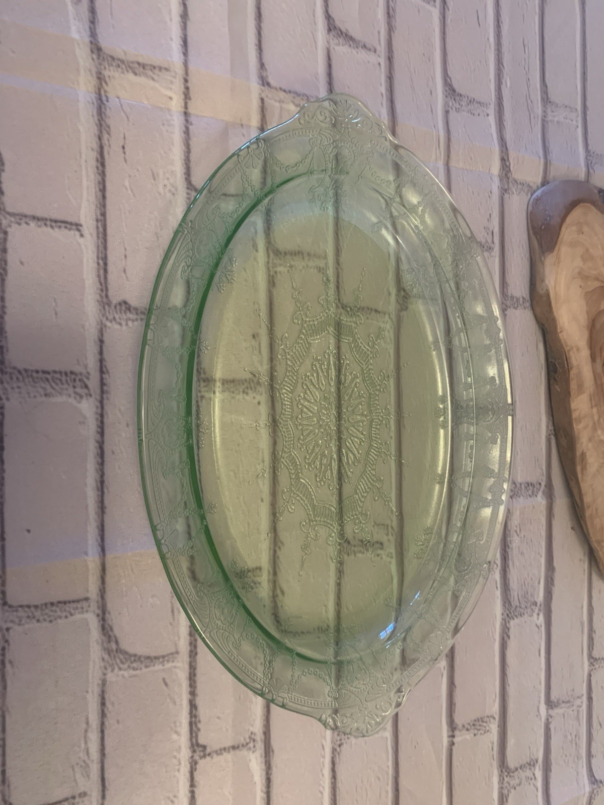 Vtg Anchor Hocking Cameo Ballerina Uranium Green Oval Serving Plater  12x8”