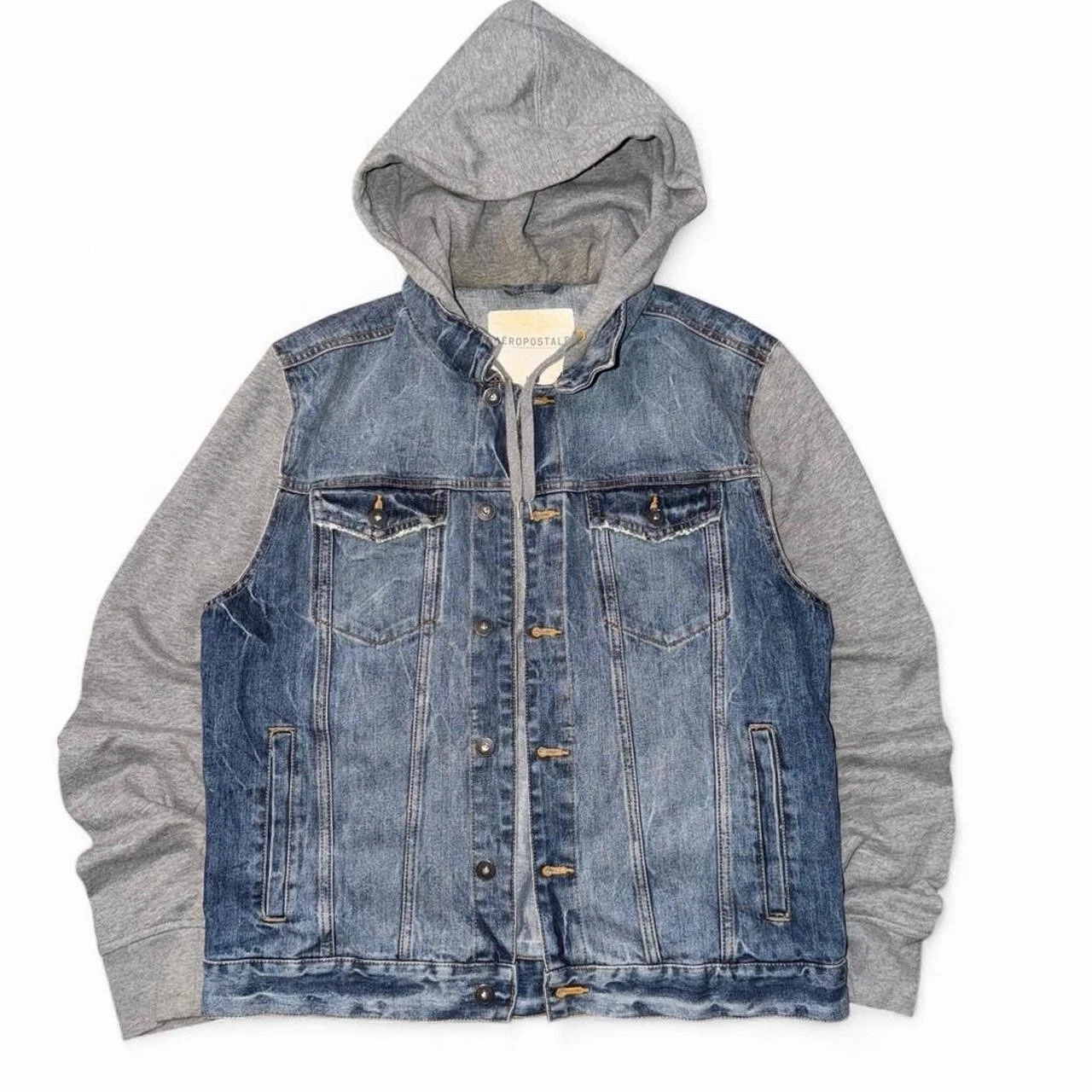 Aéropostale Men's Denim Jacket Blue Gray Hooded Button Mid-Length Casual M