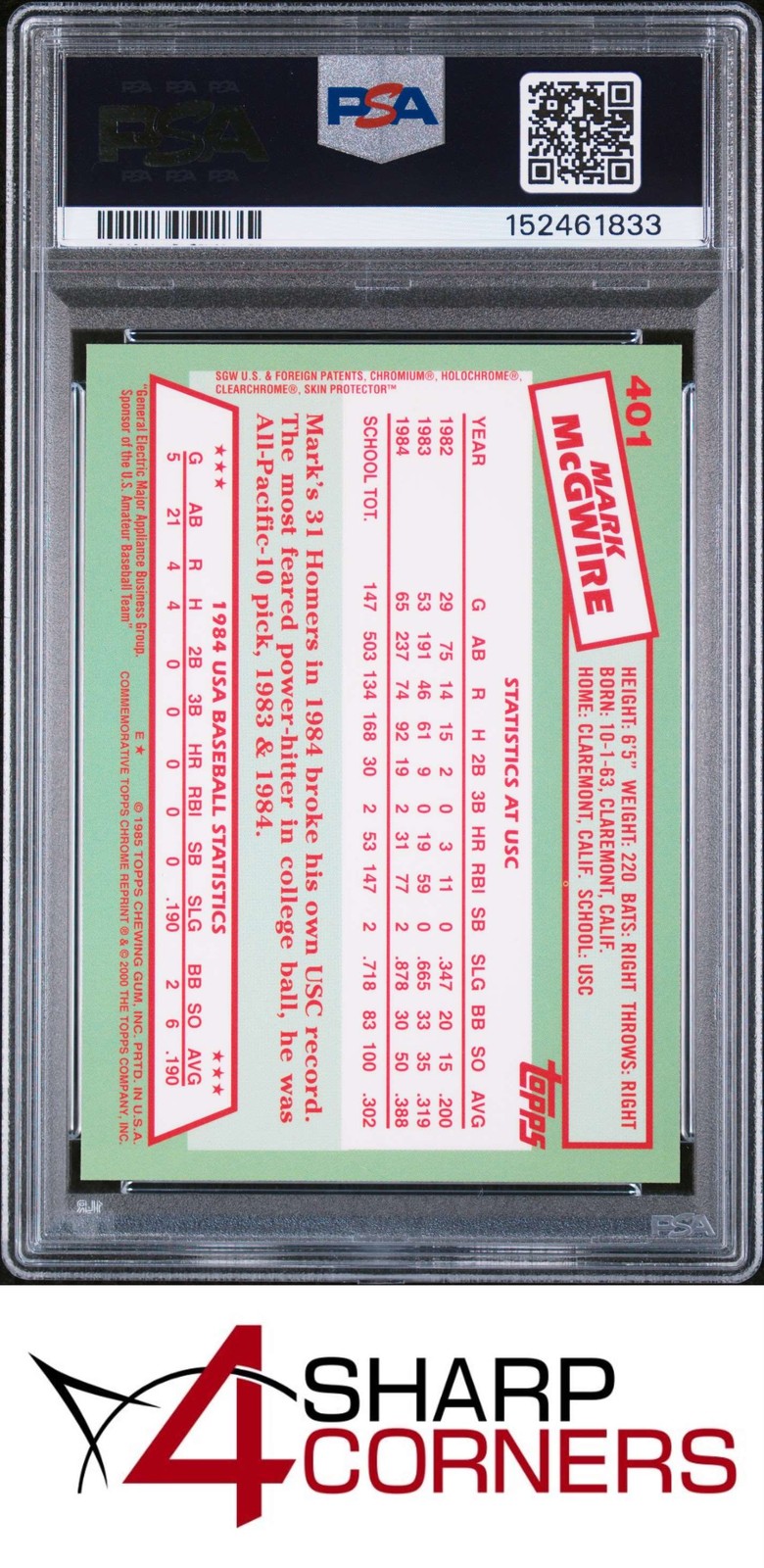 2000 TOPPS MARK McGWIRE CHROME REPRINT #401 1985 TEAM USA PSA 10 view 2
