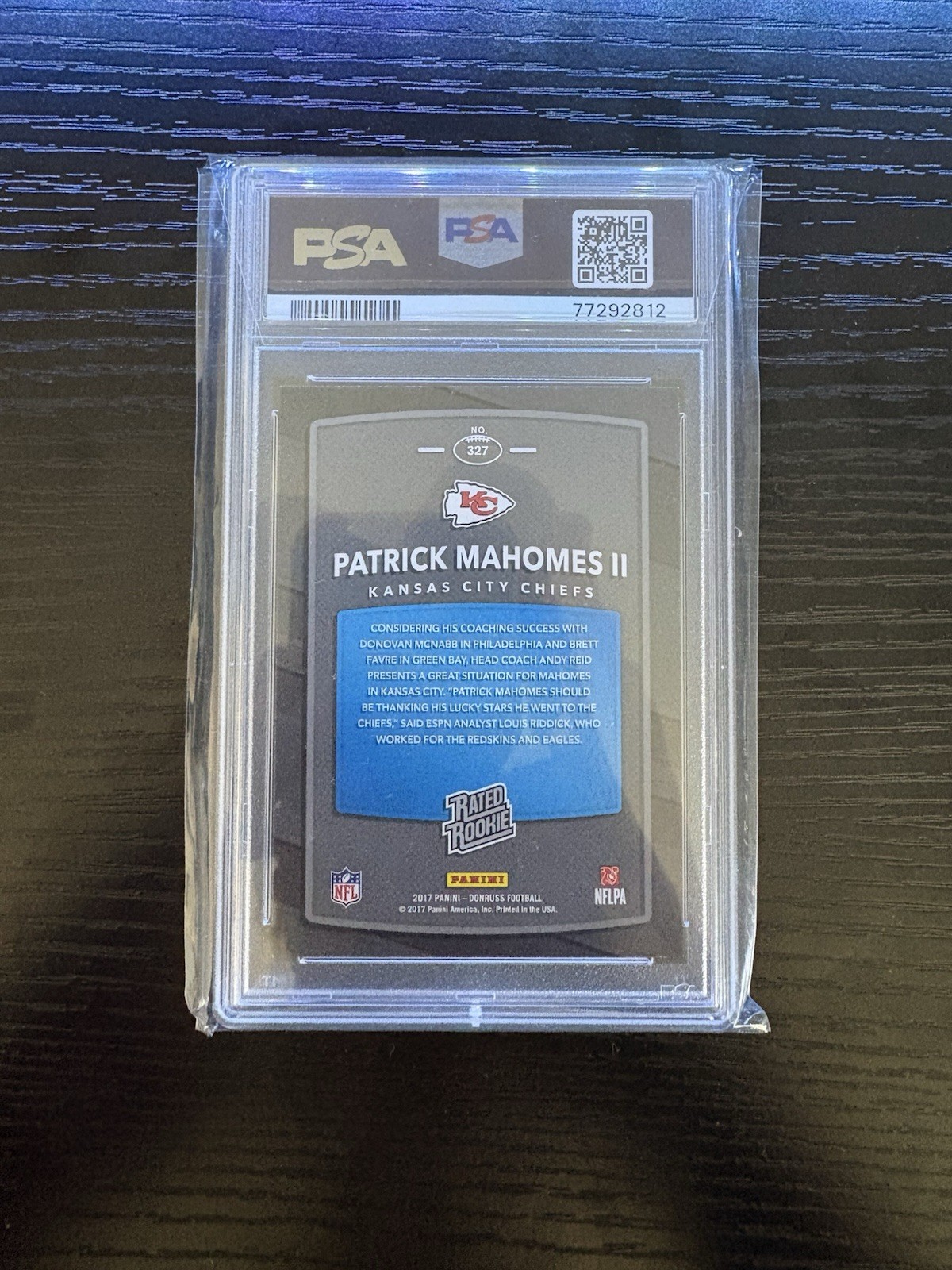 Panini 2017 Donruss Patrick Mahomes II Rated Rookie RC #327 PSA 8 Chiefs view 2