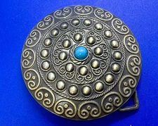 Southwestern Style with Centered Turquoise Stone Studded Round Belt Buckle