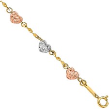 14K Solid Tri Color Gold Heart Charm Bracelet