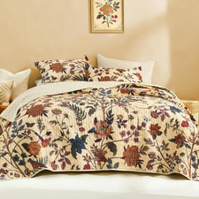 Floral Beige Quilt King Size - 3 Pieces Summer Botanical Birds Pattern Quilt Bed