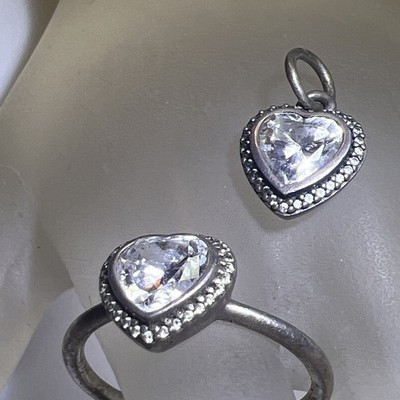 Lovely Pandora Sterling Silver Ring & Pendant CZ Zirconia Heart Set Size 6.25
