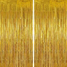 Gold Metallic Foil Fringe Tinsel Backdrop Streamer Party Curtains 2 PCS