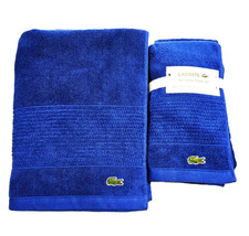 NEW LACOSTE 100% COTTON LOOPS ROYAL BLUE BATH,SET OF 2 HAND TOWEL