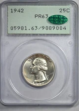 1942 Proof Washington Quarter 25C PCGS Rattler PR63 CAC