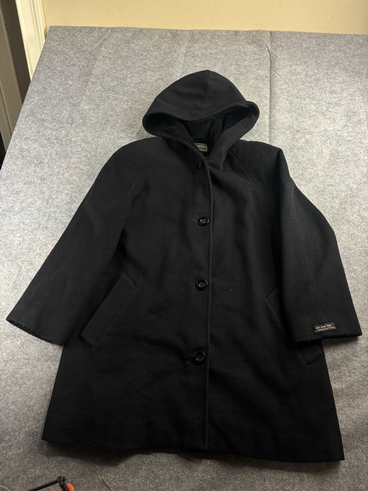 VTG Kristen Blake Women’s 6 Hooded Black 100%  Wool Coat USA Minimalist Classic