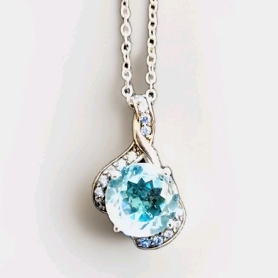  Blue Topaz Crystal  Teardrop Pendant 18'' Chain 925 RUF Mark Chain/Pendant