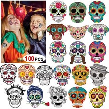 Day of the Dead Sugar Skull Tattoos 100Counts ,Halloween Temporary Face Tatto...