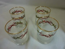 SET OF 4 VINTAGE HOLIDAY RIBBON 14 OZ  DOUBLE OLD FASHION GLASSES