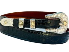 Vogt Sterling .925 & 14k Gold Fill Stars Hand Engraved Belt Buckle 38 Alligator