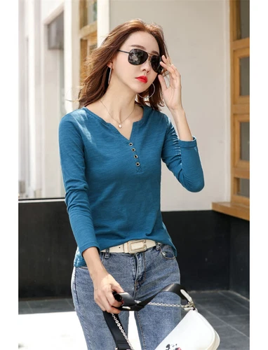 Womens Cotton Long Sleeve T Shirt Loose V Neck Slub Cotton Casual Blouse Tops US - Bild 17 von 49