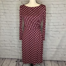 LOFT Burgundy Polka Dot Side Ruched Long Sleeve Boatneck Dress size Small