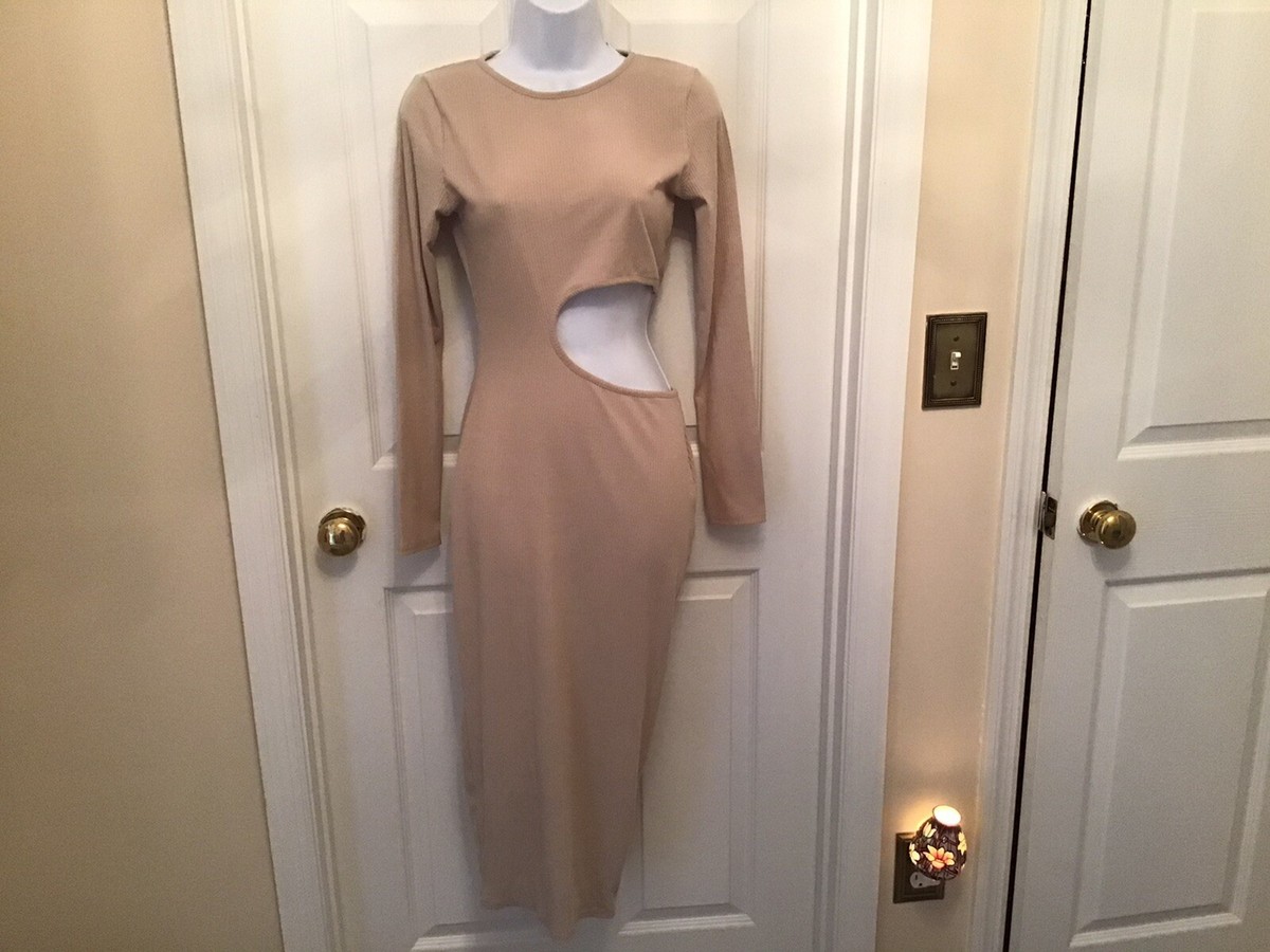 Pretty Little Thing Ribbed Cut Out Long Sleeve Beige Dress 12UK size 8US |  eBay