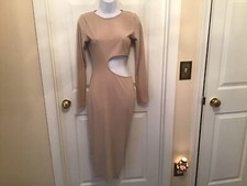 Pretty Little Thing Ribbed Cut Out Long Sleeve Beige Dress 12UK size 8US