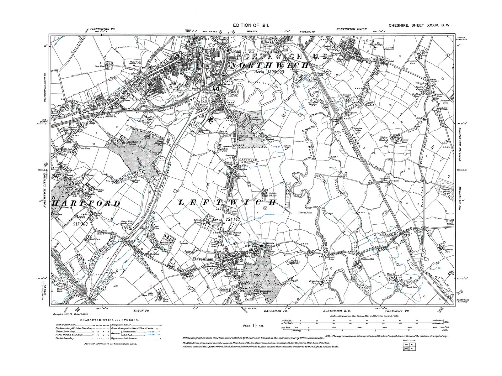 Northwich (S), Davenham, Leftwich, Hartford, old map Cheshire 1911